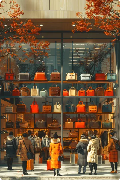 people outside looking at luxury bag store