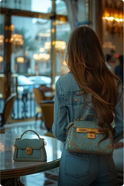 a woman posing with two bags