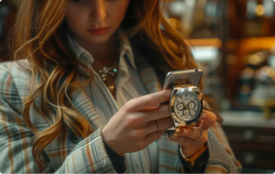 a woman holding a watch and a phone